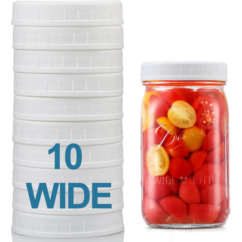 AOZITA [10 Pack] WIDE Mouth Mason Jar Lids for Ball, Kerr and More - White Plastic Storage Caps for Mason/Canning Jars - Leak-Proof, Dishwasher Safe & Food Grade
