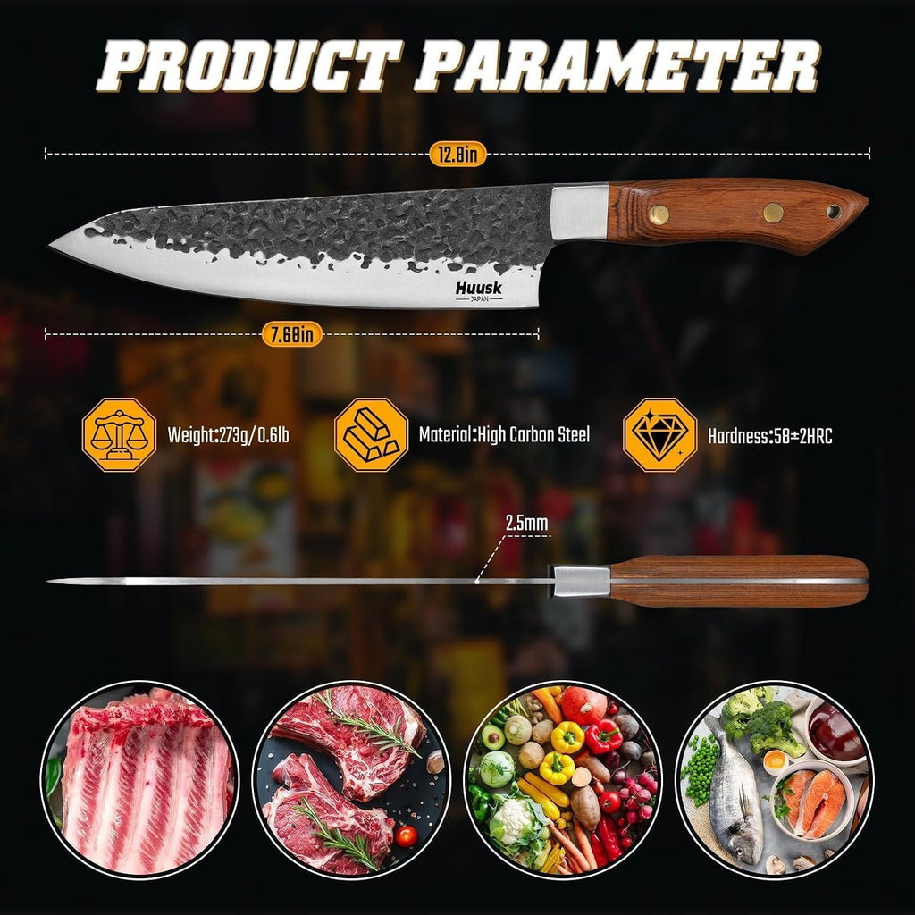 Huusk Japanese Chef Knife 8 Inch, Hand Forged Kitchen Knives With Ergonomic Full Tang Handle, High Carbon Steel Cooking Knife For Home Kitchen, Bbq, Camping, Christmas Gifts For Man
