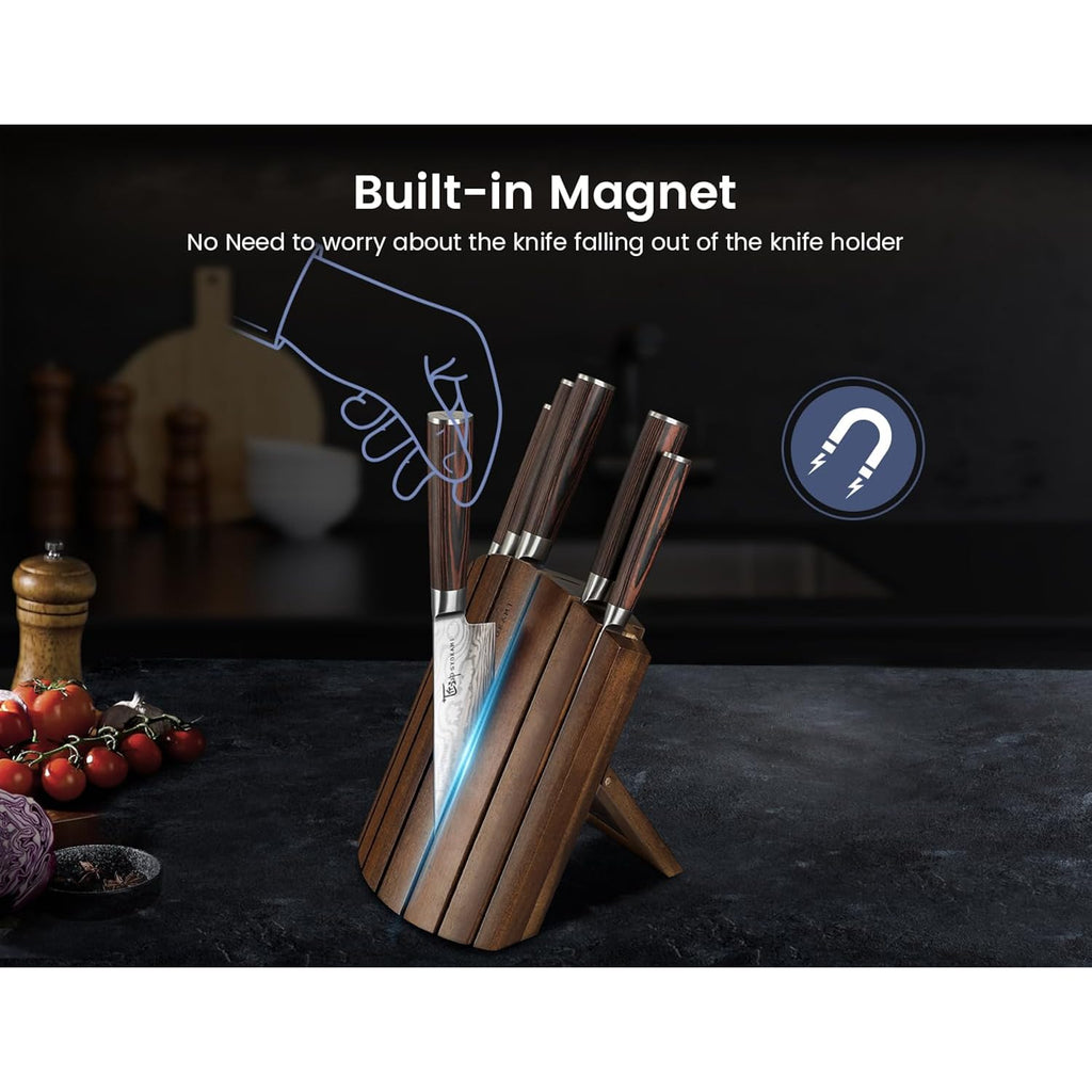 SYOKAMI 2026 Upgrade Knife Set 7 Piece Japanese Style Kitchen Knife Set With Foldable Magnetic Acacia Wood Block Sharp High Carbon Stainless Steel Chef Knives Set with Anti-slip Handle, Ideal for Gift