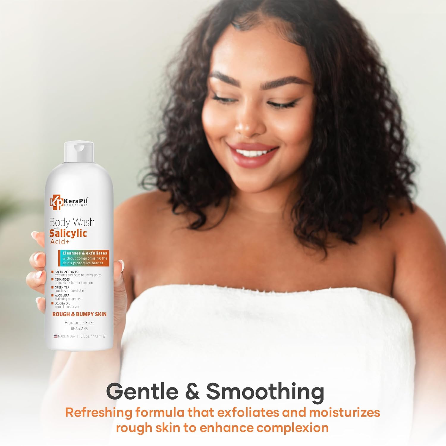 Kerapil Exfoliating Body Wash With Salicylic Acid, Unscented, 16 Fl Oz | Gentle Exfoliates Rough And Bumpy Skin, Kp And Acne Treatment, Bha & Aha, Made In Usa