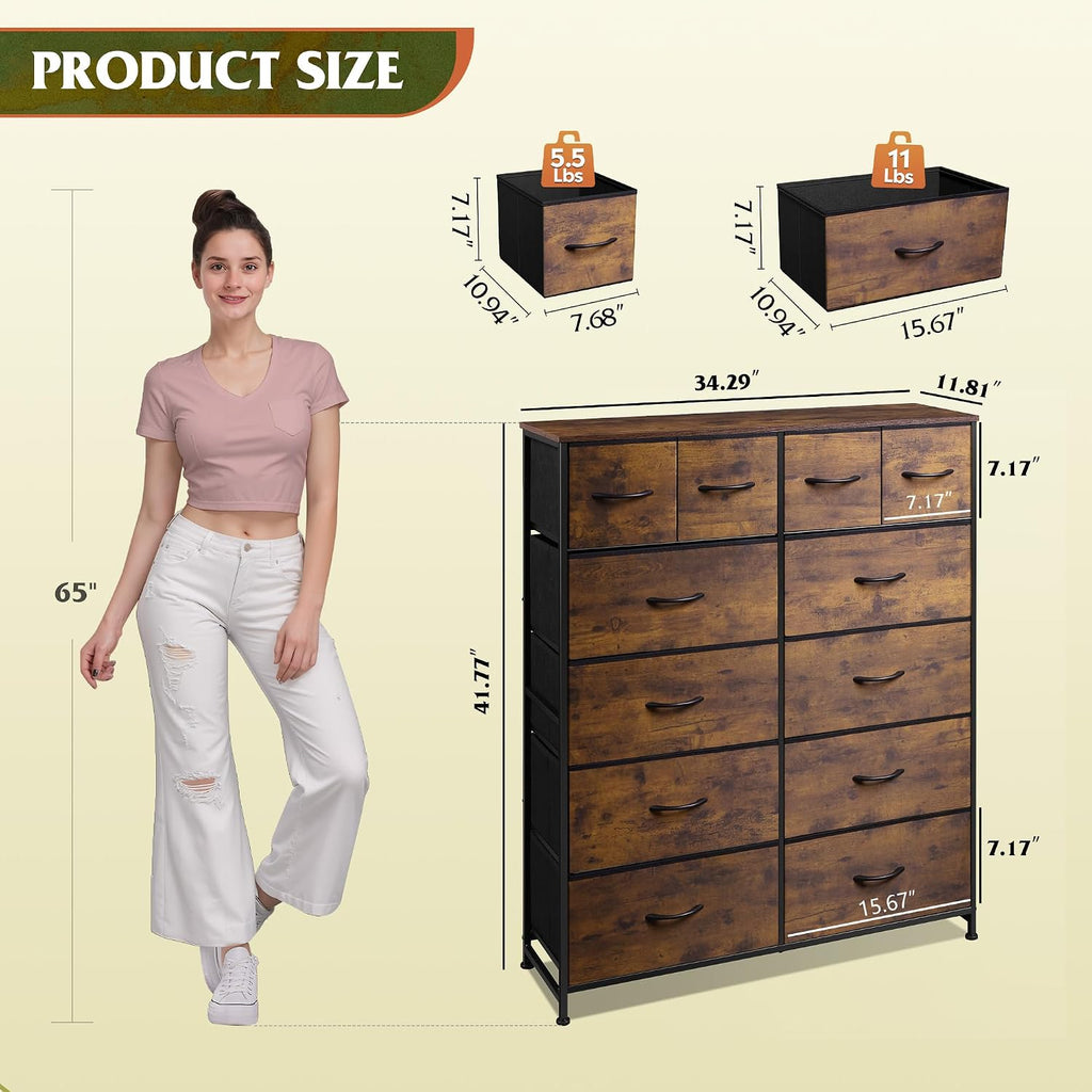 Wlive Tall Dresser For Bedroom With 12 Drawers, Dressers & Chests Of Drawers, Fabric Dressers For Closet, Storage Dresser Organizer With Steel Frame, Wood Top, Rustic Brown Wood Grain Print