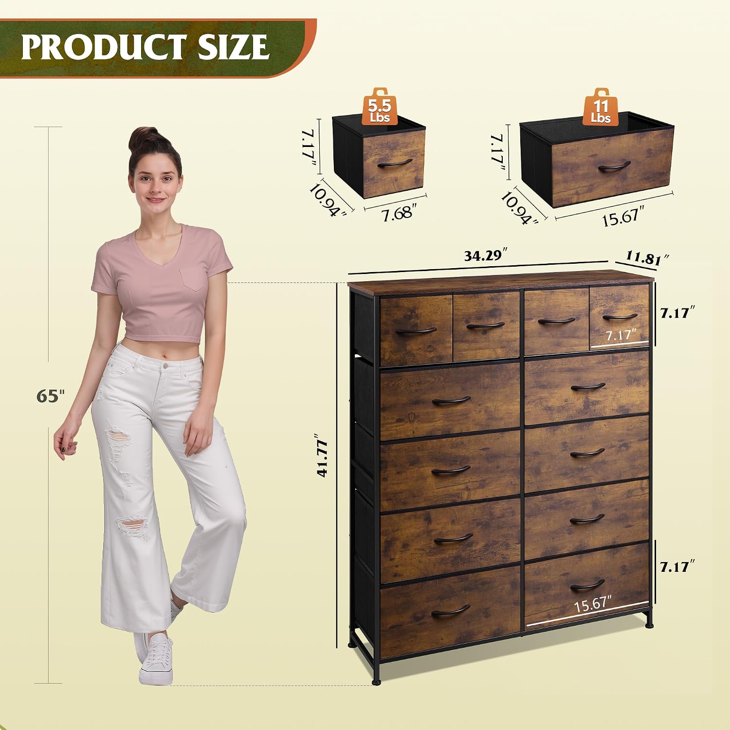 Wlive Tall Dresser For Bedroom With 12 Drawers, Dressers & Chests Of Drawers, Fabric Dressers For Closet, Storage Dresser Organizer With Steel Frame, Wood Top, Rustic Brown Wood Grain Print