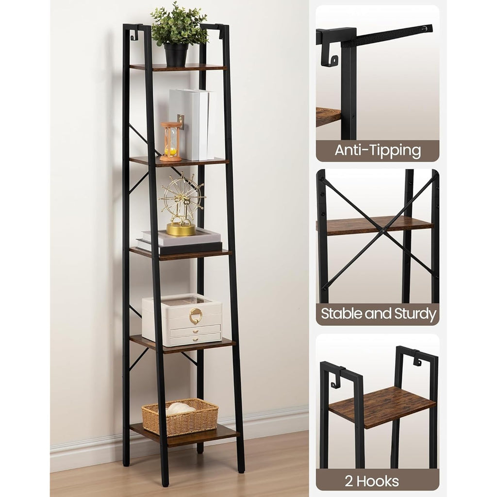 Hzuaneri Ladder Shelf, Bookshelf Bookcase, Freestanding Corner Storage Shelve With 2 Hooks For Home Office, Living Room, Kitchen, Bedroom, Industrial, 11.8" D X 13.4" W X 63" H, Rustic Brown Bc03201B