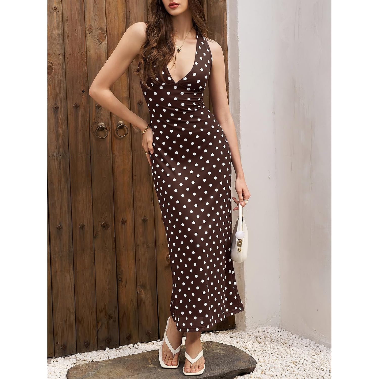 Wenrine Womens Summer Polka Dot Maxi Dress Mesh Wedding Guest Bodycon Sexy V Neck Sleeveless Party Dresses