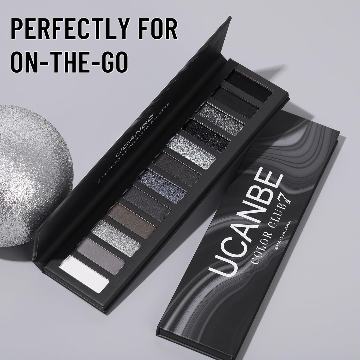 UCANBE Smokey Eyeshadow Palette, Dark Black White Gray Silver Natural Nude Matte Shimmer Eye Shadow Pallet for Smoky Emo Goth Makeup, 12 Color High Pigmented Long Lasting Waterproof Pallete with Brush