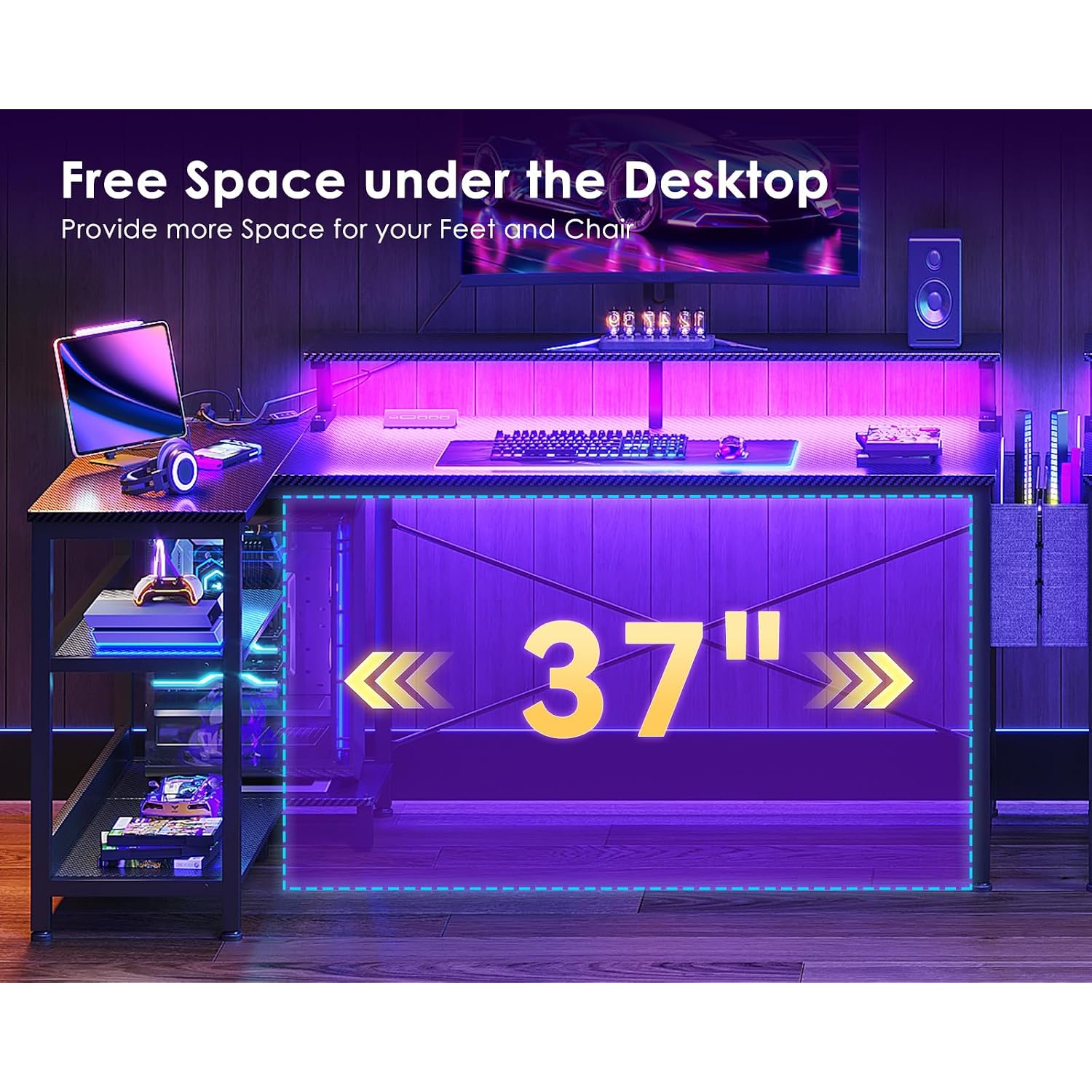 Odk 48 Inch Gaming Desk With Usb Charging Ports And Led Lights, Reversible L Shaped Computer Desk With Storage Shelves & Monitor Stand, Corner Gamer Desk Table With Power Outlets, Black