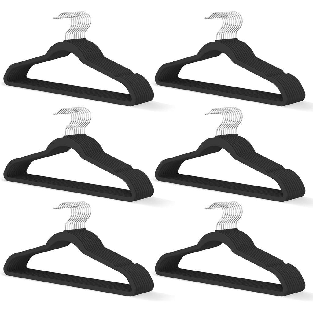 Black Velvet Hangers 60 Pack, Slim Space Saving Suit Hangers For Closet Organizer, Rotating Silver Hook, Non Slip Clothes Felt Hanger Heavy Duty For Coat,Shirt, Pants, Camisole, Dress