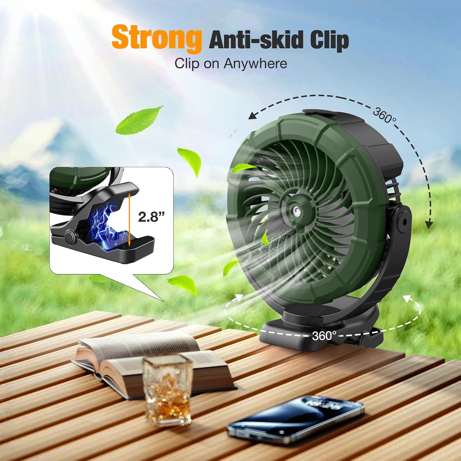 Ausic Portable Misting Golf Cart Fan, Clip On Fans, Max 45H Runtime, 100Ml Camping Stroller Fan With Ligth, 360° Rotate Cooling Spray, Outdoor Rechargeable Battery Fans For Travel/Home/Beach