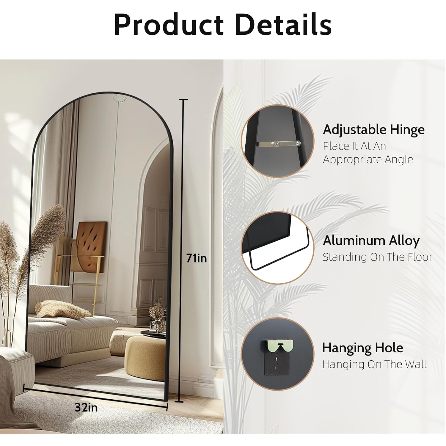 Beauty4U 71" X 32" Arched Full Length Mirror, Hd Tempered Glass Floor Mirror With Black Aluminum Frame, Standing/Leaning/Wall Mounted Mirror For Bedroom, Dressing Room & Living Room