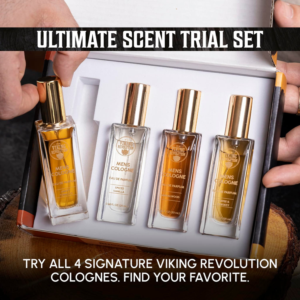 Viking Revolution Mens Cologne Sampler Sets - Travel Size Cologne For Men With Sandalwood, Spiced Vanilla, Coffee & Whiskey, Sweet Tobacco - Perfume Gift Set (4 Pack, 0.68Fl Oz Each)