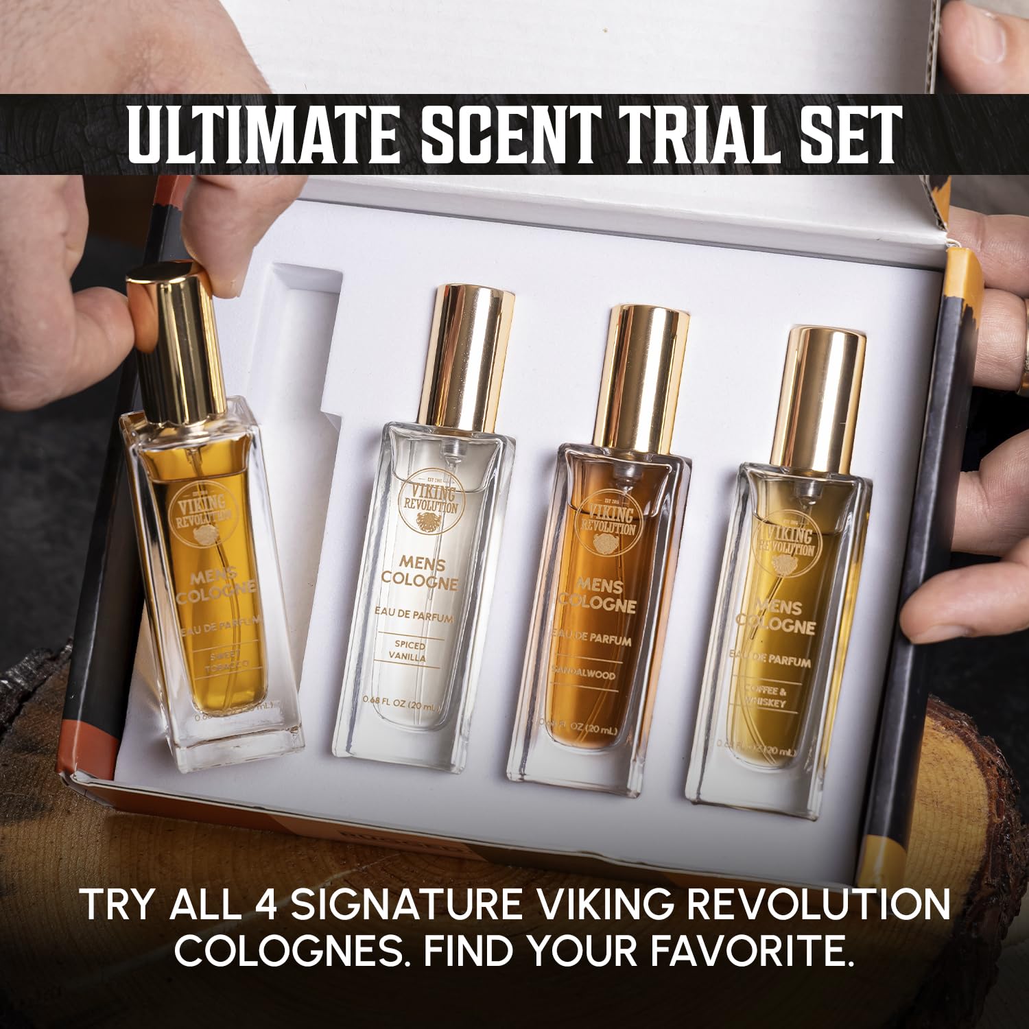Viking Revolution Mens Cologne Sampler Sets - Travel Size Cologne For Men With Sandalwood, Spiced Vanilla, Coffee & Whiskey, Sweet Tobacco - Perfume Gift Set (4 Pack, 0.68Fl Oz Each)