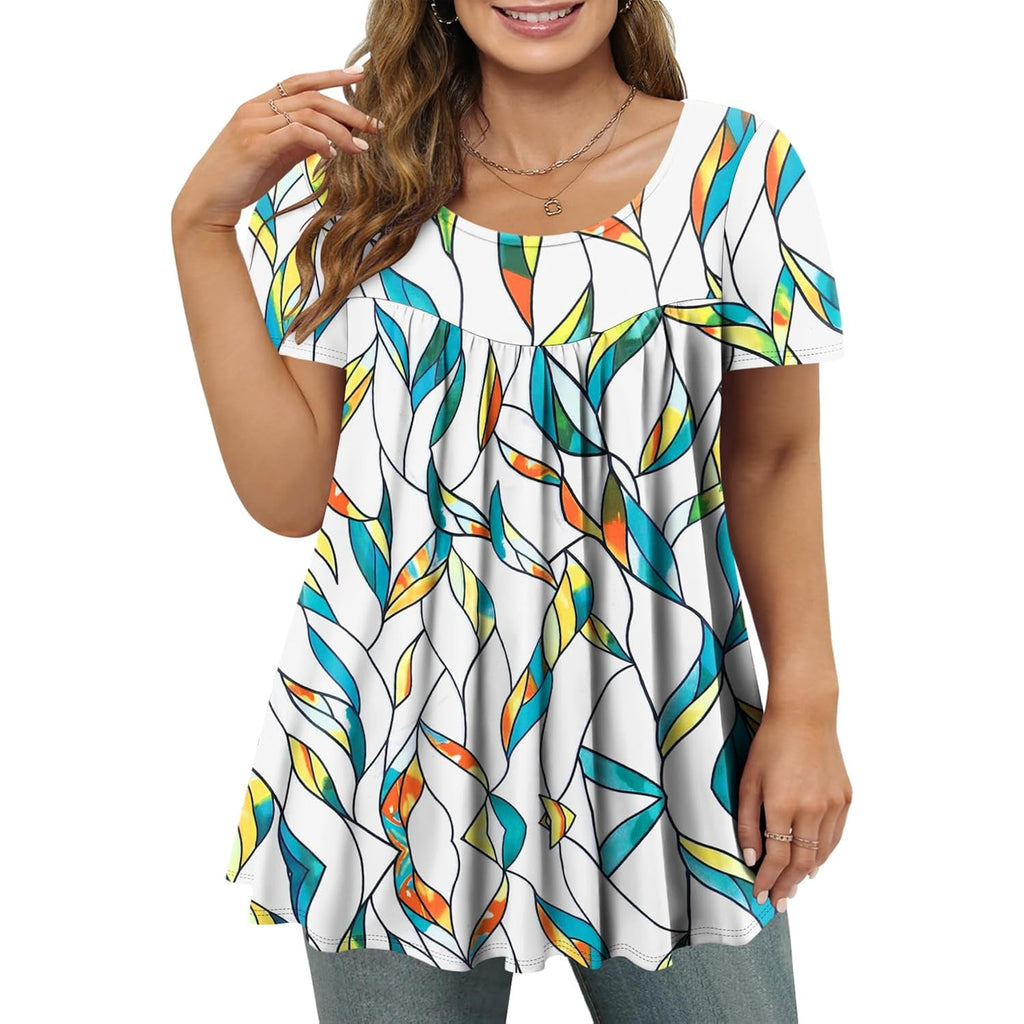 Plus Size Tops For Women Casual Summer Crew Neck Tunics Short Sleeve Loose Shirts Blouses 1X-5X