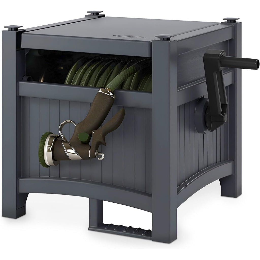 Suncast Garden Hose Hideaway Storage Reel Box, Cyberspace Grey – Resin Outdoor Container, Holds Up To 100 Feet Of 5/8 Inch Standard Vinyl Water Line – No Assembly Required