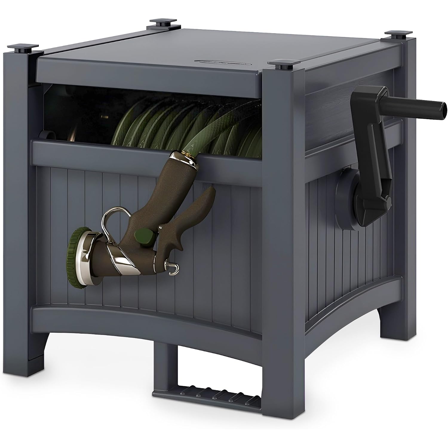 Suncast Garden Hose Hideaway Storage Reel Box, Cyberspace Grey – Resin Outdoor Container, Holds Up To 100 Feet Of 5/8 Inch Standard Vinyl Water Line – No Assembly Required