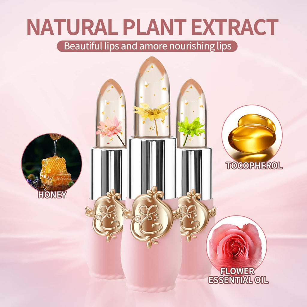 Bestland 3 Pcs/Set Flower Jelly Lipstick Set Temperature Change Moisturizer Long Lasting Nutritious Balm Magic Color Change Lip Gloss (3Pcs Flower Jelly Lipstick 010203)