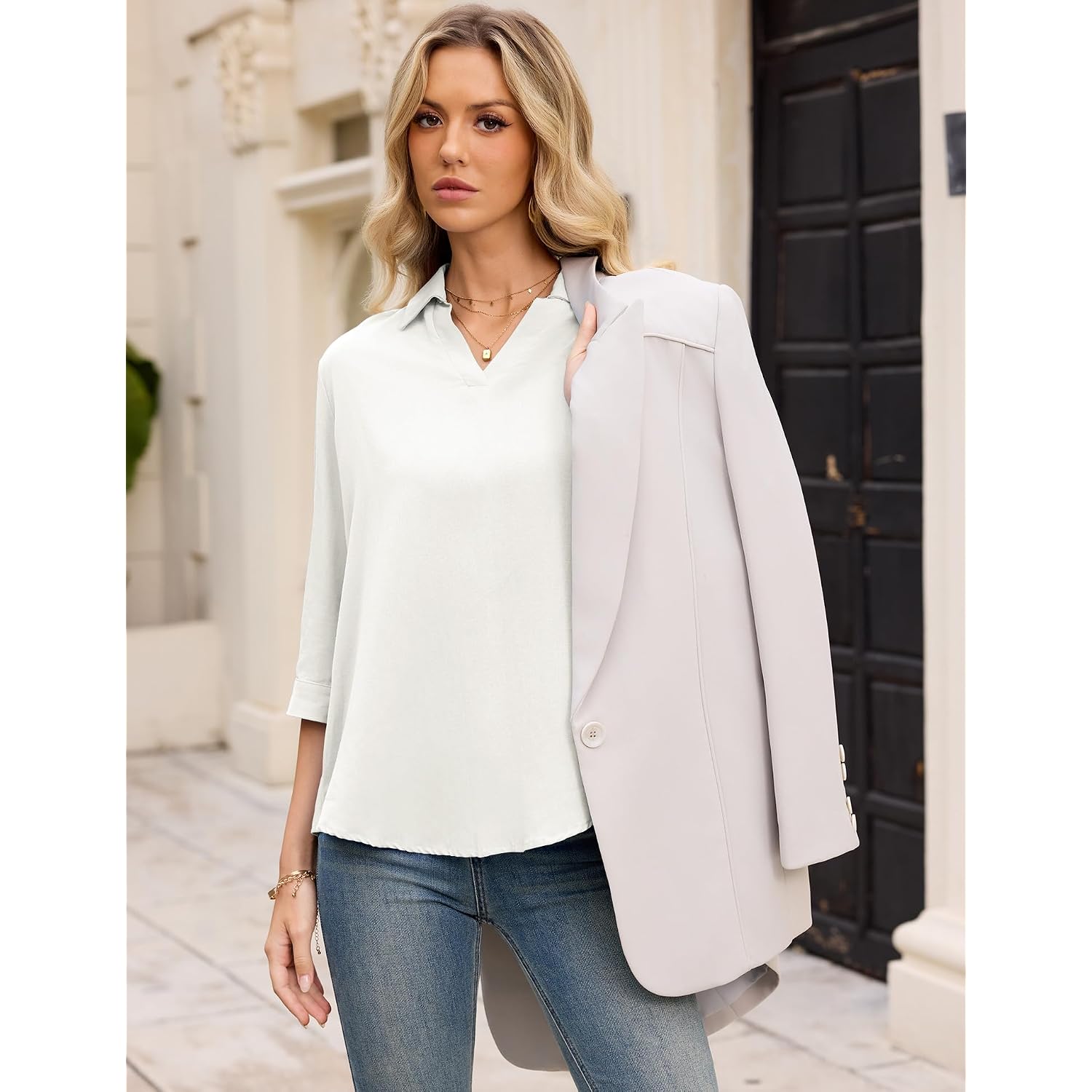 LOMON Womens 3/4 Sleeve Tops V Neck Cotton Linen Work Blouse Collared Shirts for Women Business Casual 2026