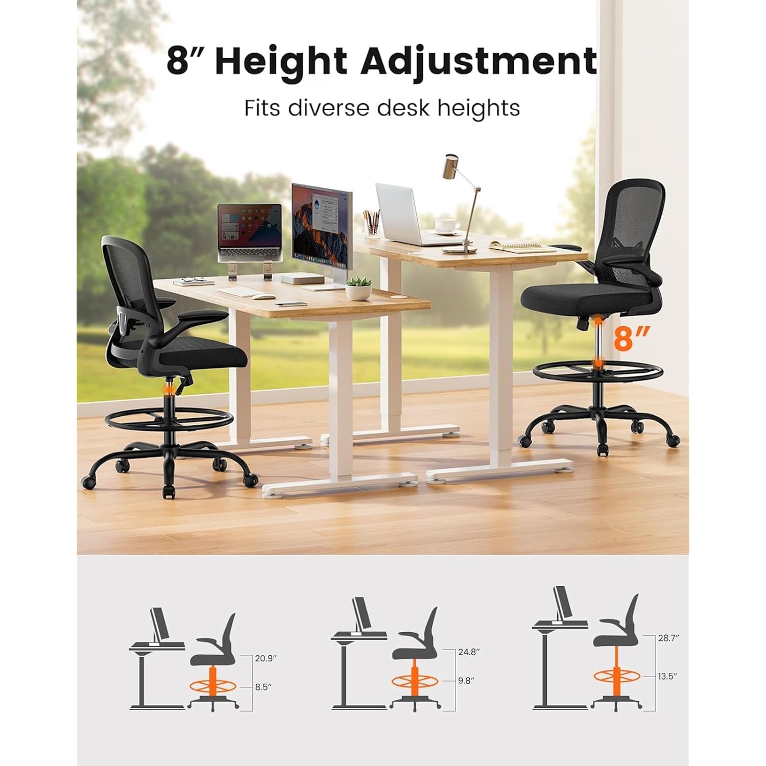 Ergear Drafting Chair, Standing Desk Chair With Flip-Up Armrests, High Desk Chair Adjustable Height, Ergonomic Tall Office Chair With Lumbar Support And Adjustable Footrest Ring