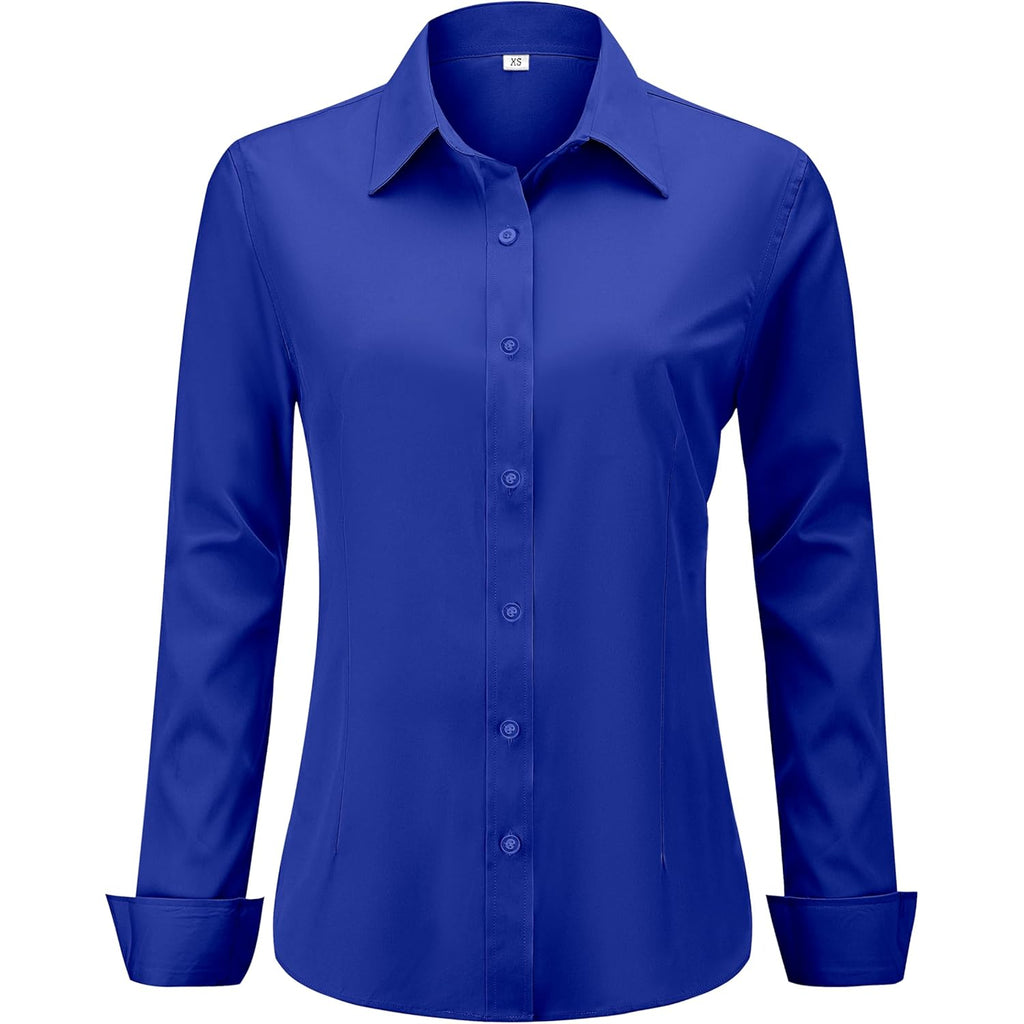 Soft Wrinkle-Free Women's Button Down Dress Shirts Solid Long Sleeve Work Blouses Fit Stretch Casual Tops XXS-6XL