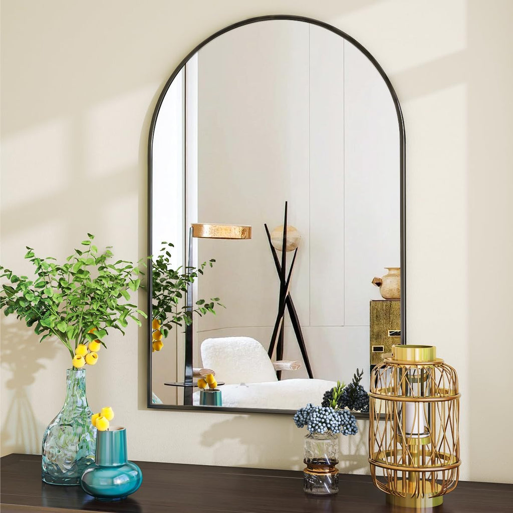 Arched Wall Mirror, 24 X 36 Inch Arch Bathroom Mirror, Wall Mounted Vanity Mirror With Arch Metal Frame, Modern Bathroom Vanity Mirror For Bedroom, Living Room, Hanging Or Leaning, Black