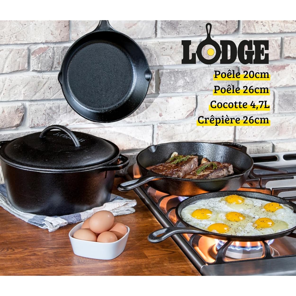 Lodge Cast Iron Set - 5-Piece Set - Pre-Seasoned Kitchen Set - Skillets, Griddle & Dutch Oven Included - PFAS-Free Non-Toxic Cookware