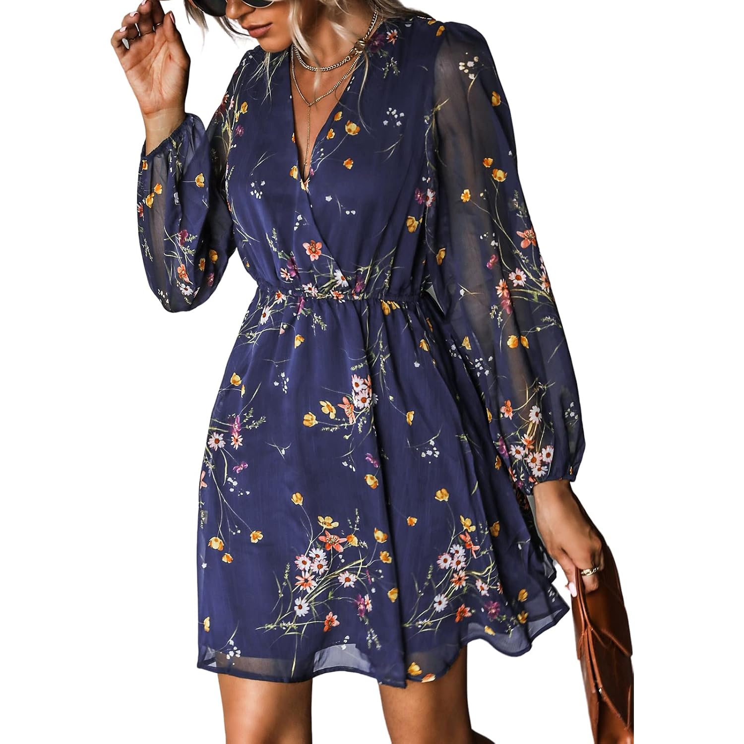 Cupshe Women'S Mini Dresses Casual Spring V Neck Chiffon Long Peasant Sleeves Flowy Spring Dress