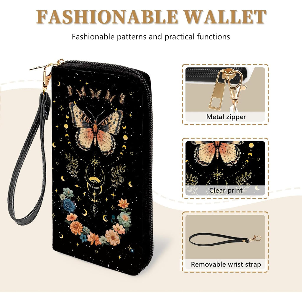 Butterfly Flowers Womens Wallet, RFID Blocking Wallets for Women, ButterflyFloral Ladies Purse with Zip Around Credit Card Holder and 10 Card Slots & ID Window, Large Capacity Clutch Christmas Gift