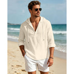 Men'S Cotton Linen Hoodies Casual Hooded Long Sleeve Button Down Shirts Lightweight Casual Hawaiian Beach Sweatshirts