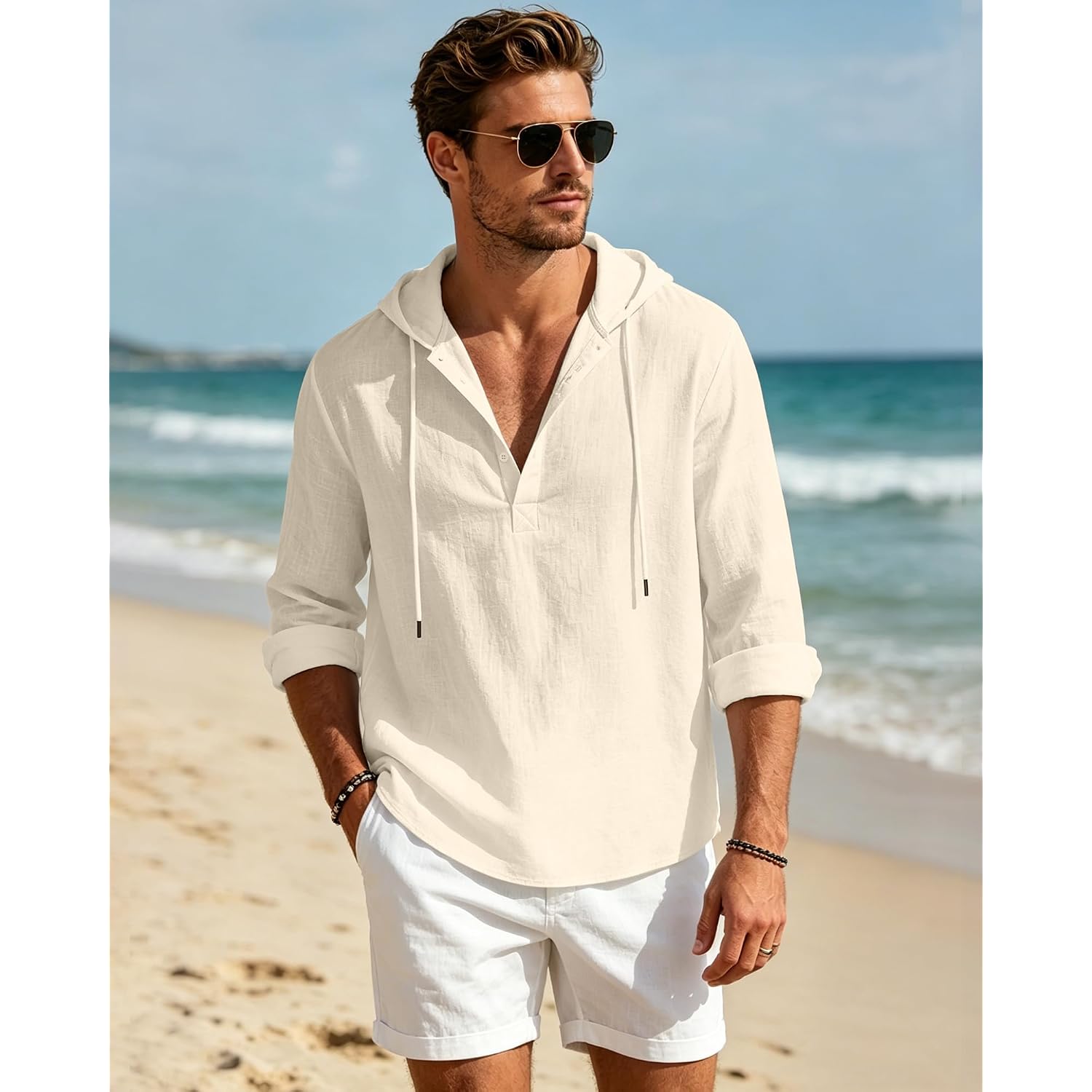 Men'S Cotton Linen Hoodies Casual Hooded Long Sleeve Button Down Shirts Lightweight Casual Hawaiian Beach Sweatshirts