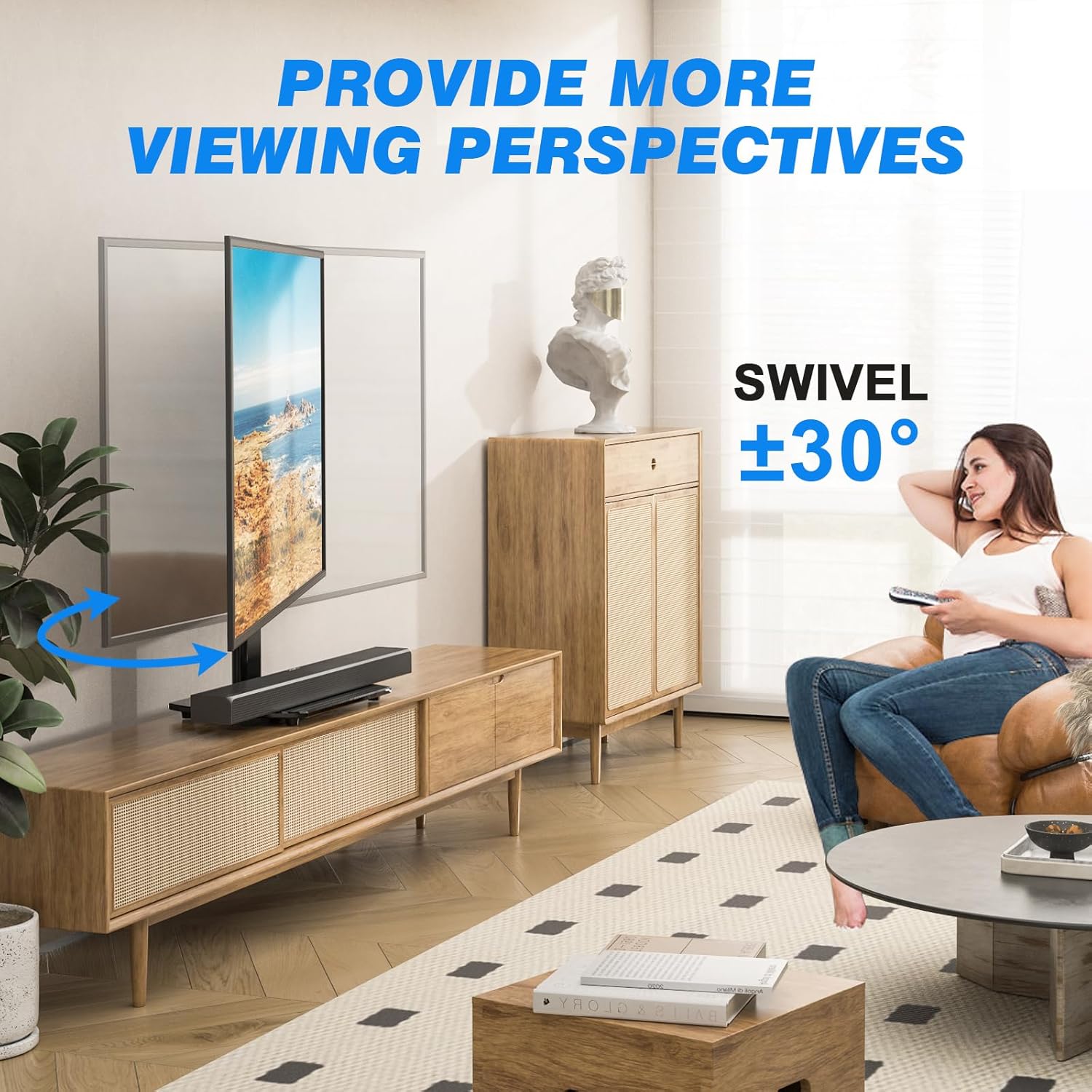 Rfiver Universal Swivel TV Stand for 27-50 55 60 Inch TVs, Height Adjustable Table Top TV Stand Mount Hold up to 88 lbs, Pedestal TV Stands with Tempered Glass Base, Replacement TV Mount Stand