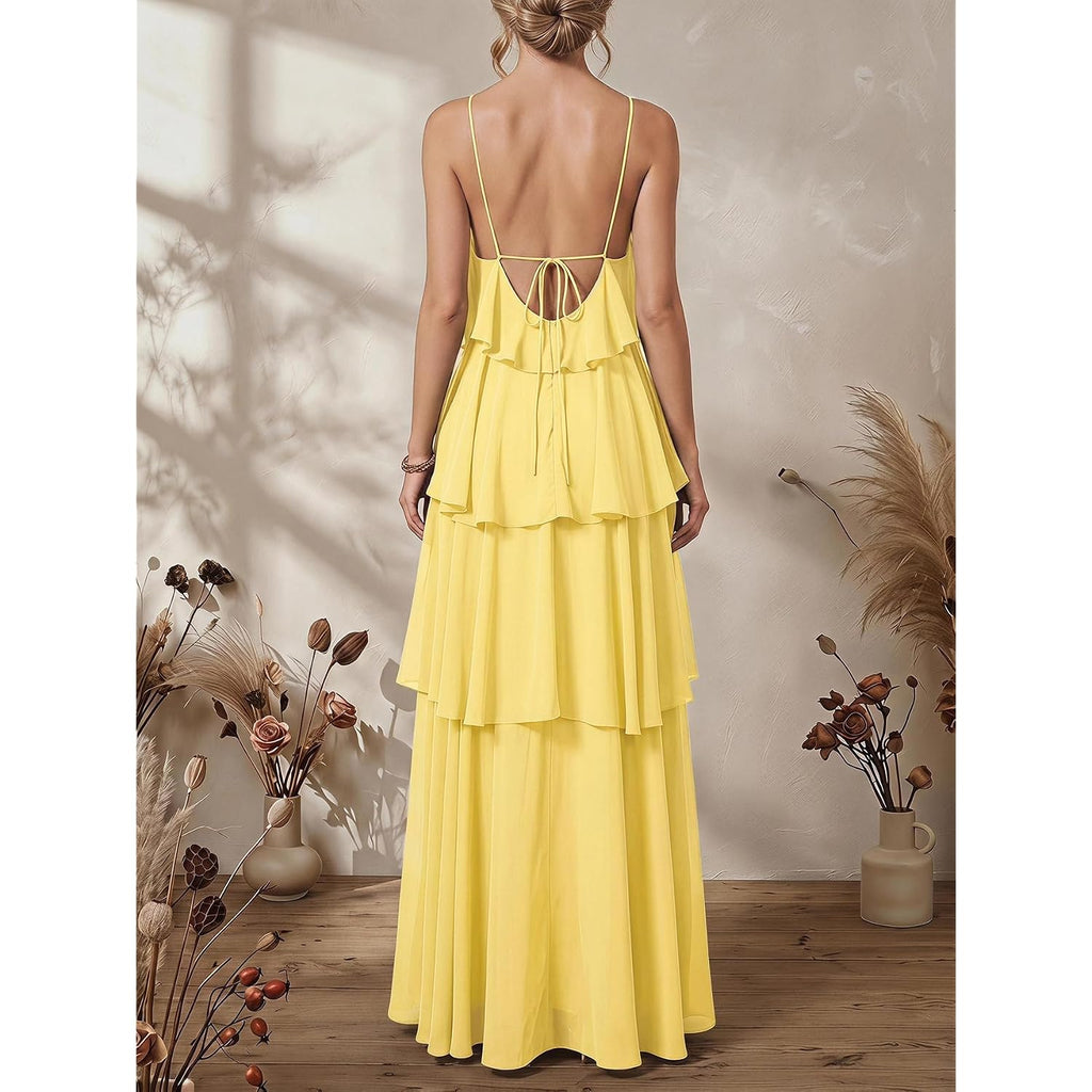 Soly Hux Women'S Wedding Guest Dress Sundresses Ruffle Layered Halter Backless Flowy Formal Maxi Dresses