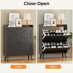 Farmhouse Shoe Storage Cabinet With Flip Drawers & Barn Door Design | Slim Narrow Shoe Rack Cabinet With Adjustable Shelves & Hidden Storage For Entryway, Foyer, Hallway, Living Room, Black