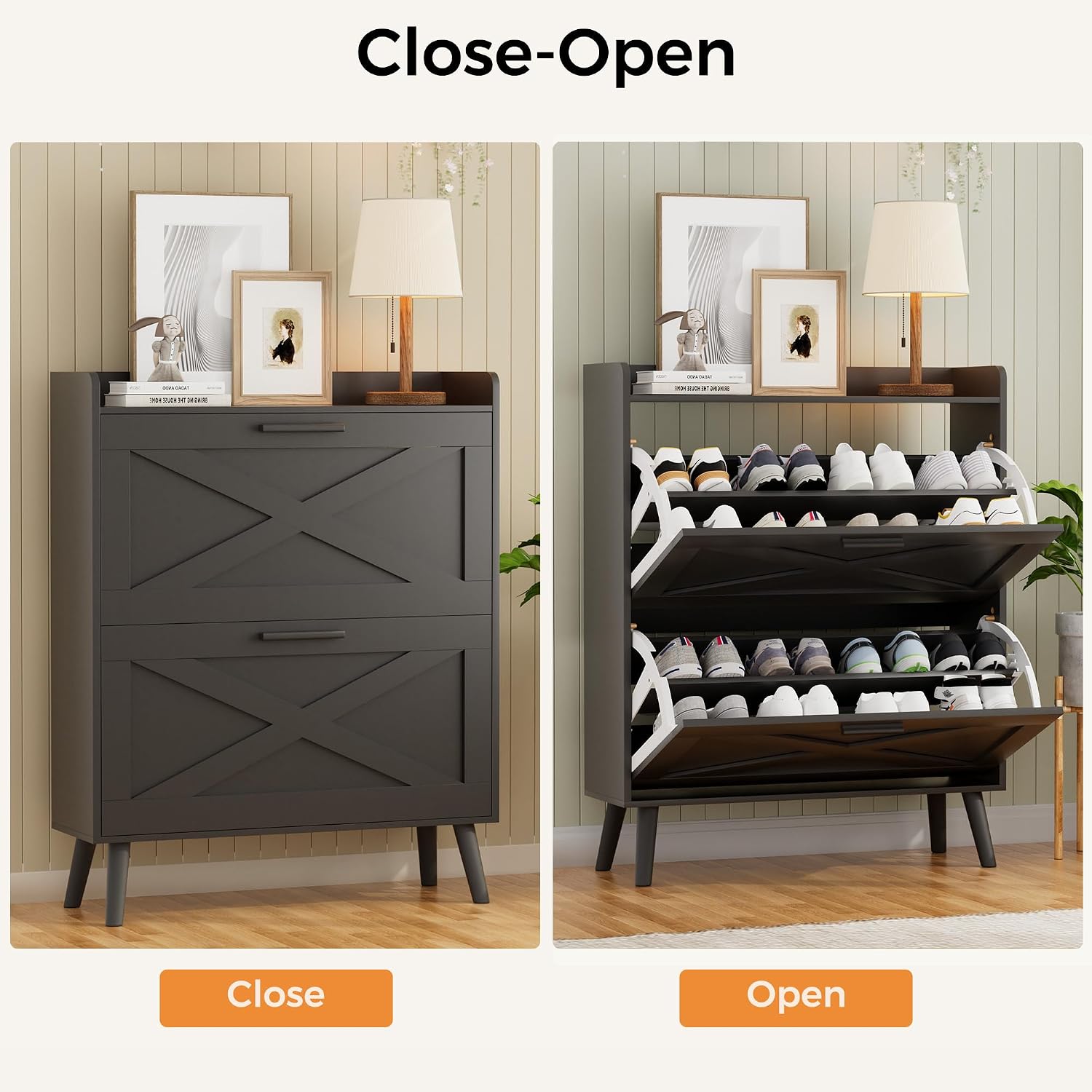 Farmhouse Shoe Storage Cabinet With Flip Drawers & Barn Door Design | Slim Narrow Shoe Rack Cabinet With Adjustable Shelves & Hidden Storage For Entryway, Foyer, Hallway, Living Room, Black