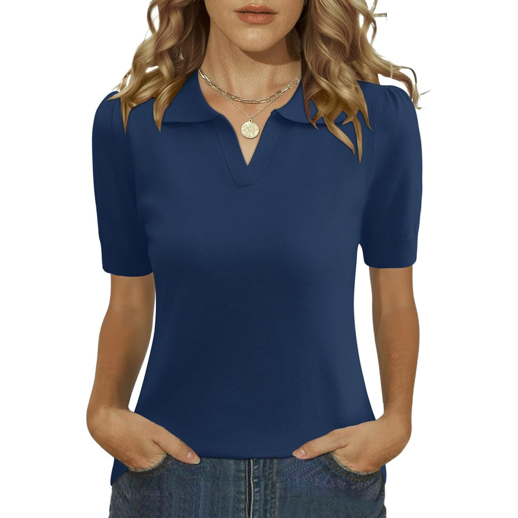 Womens Puff Short Sleeve Polo Sweater V Neck Knitted Tops Casual Ribbed Shirt Pullover Blouse