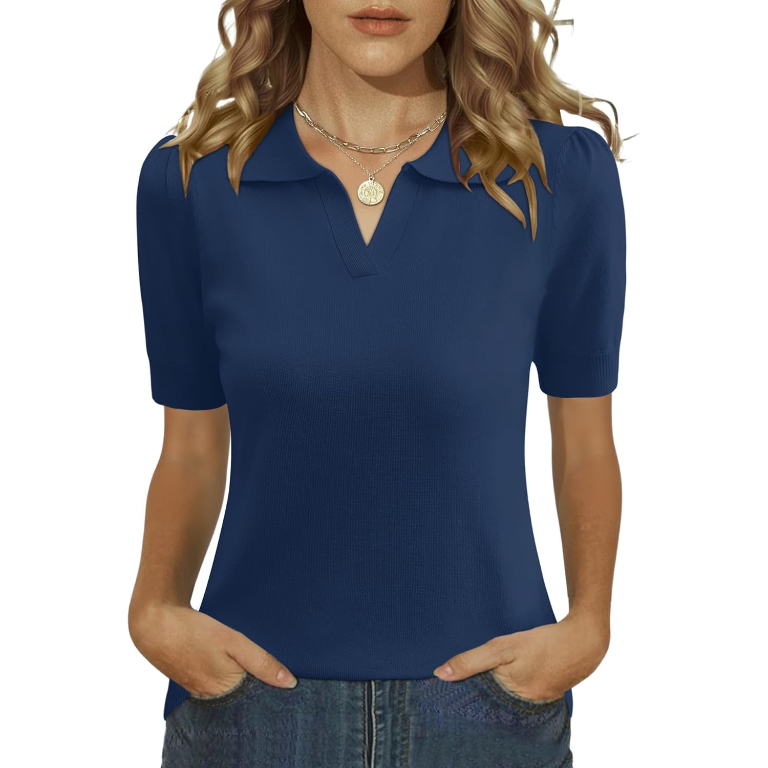 Womens Puff Short Sleeve Polo Sweater V Neck Knitted Tops Casual Ribbed Shirt Pullover Blouse
