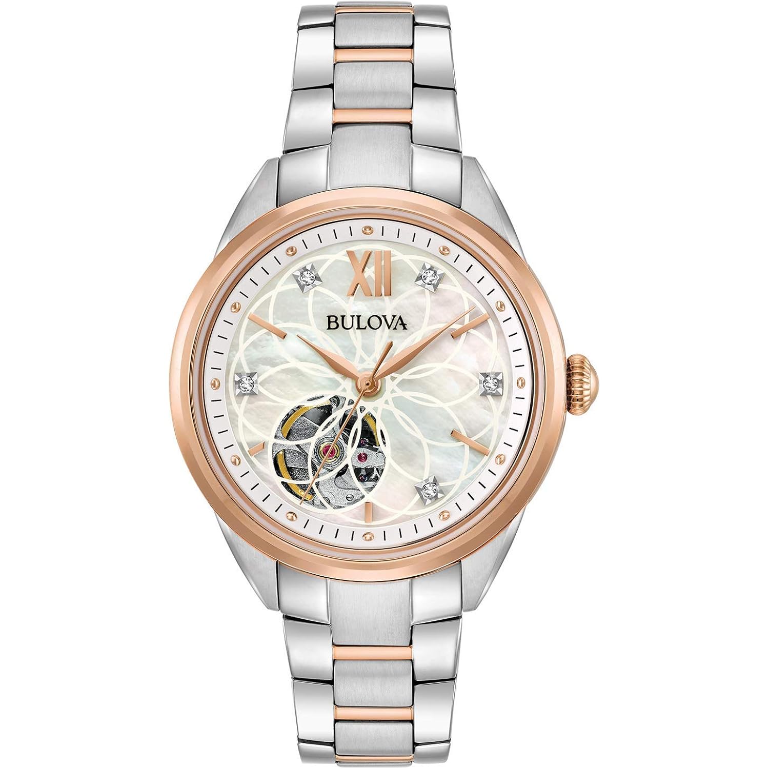 Bulova Ladies' Classic Diamond 3-Hand Automatic In Stainless Steel, Mother-Of-Pearl Dial And Open Aperture Dial