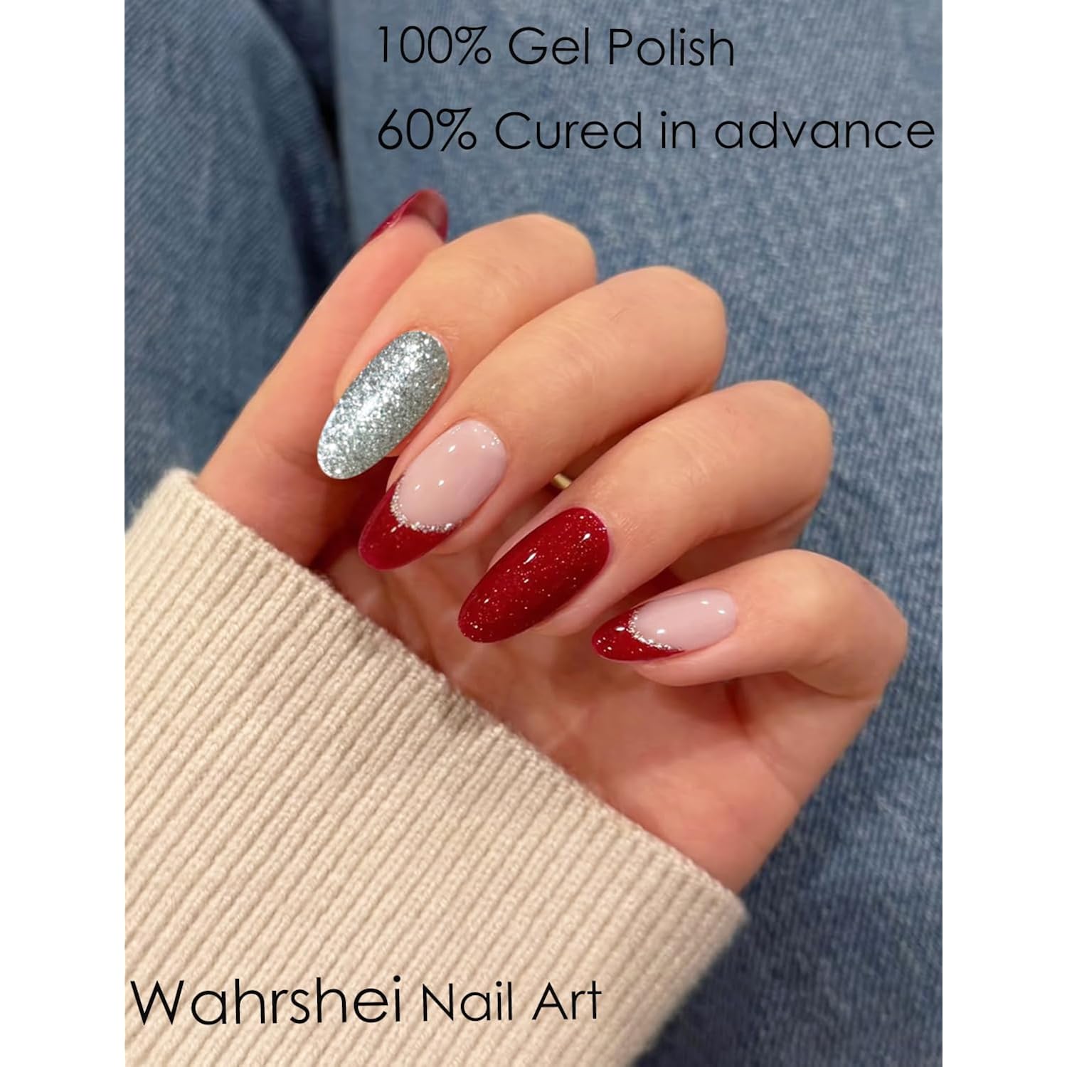 Semi Cured Gel Nail Strips, 20pcs Red Glitter Wraps Work with UV for Home Nail Art DIY, Easy to Use and Remove