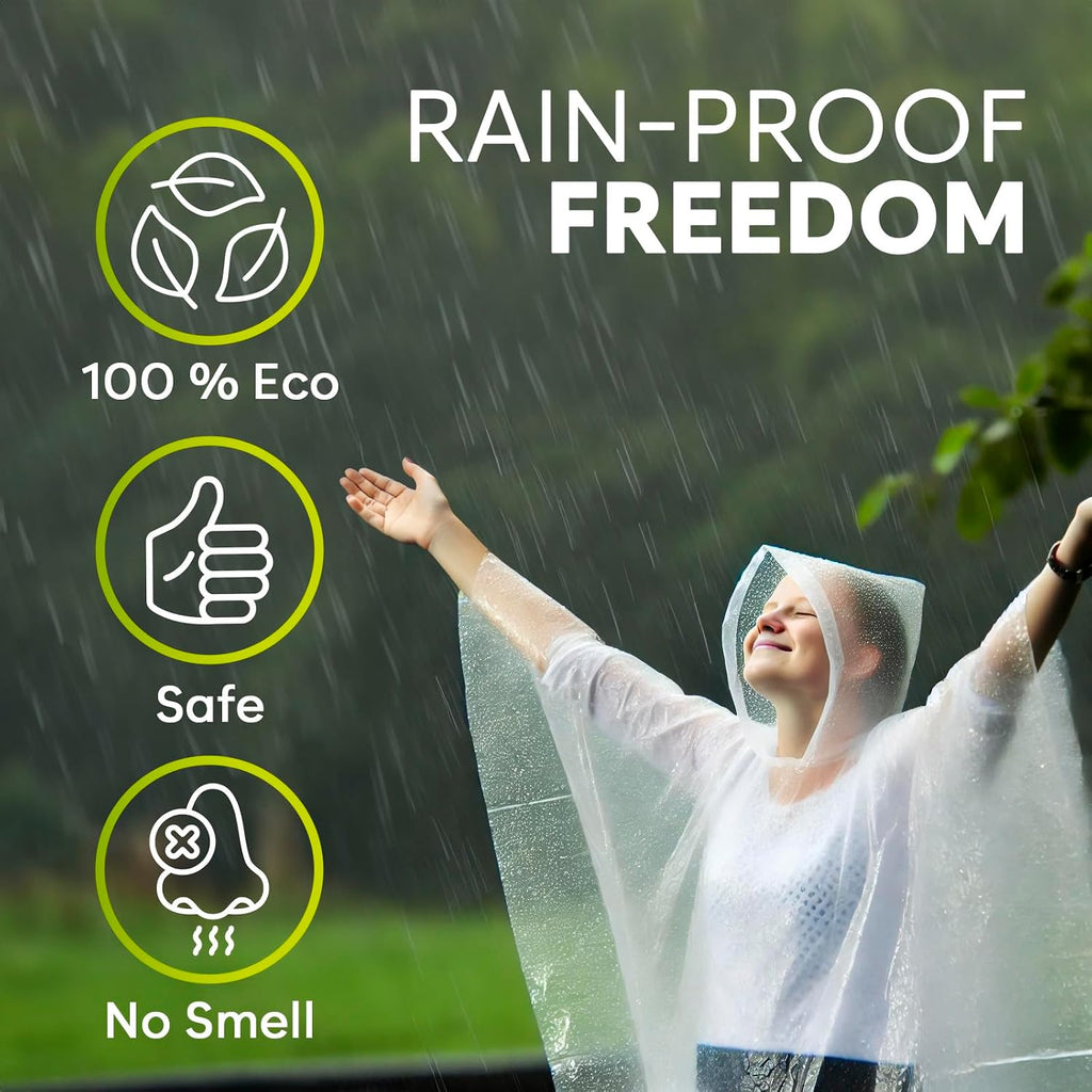 Zeno Disposable Rain Ponchos For Adults - Clear With Hood, Compact Emergency Ponchos For Hiking, Camping, Travel