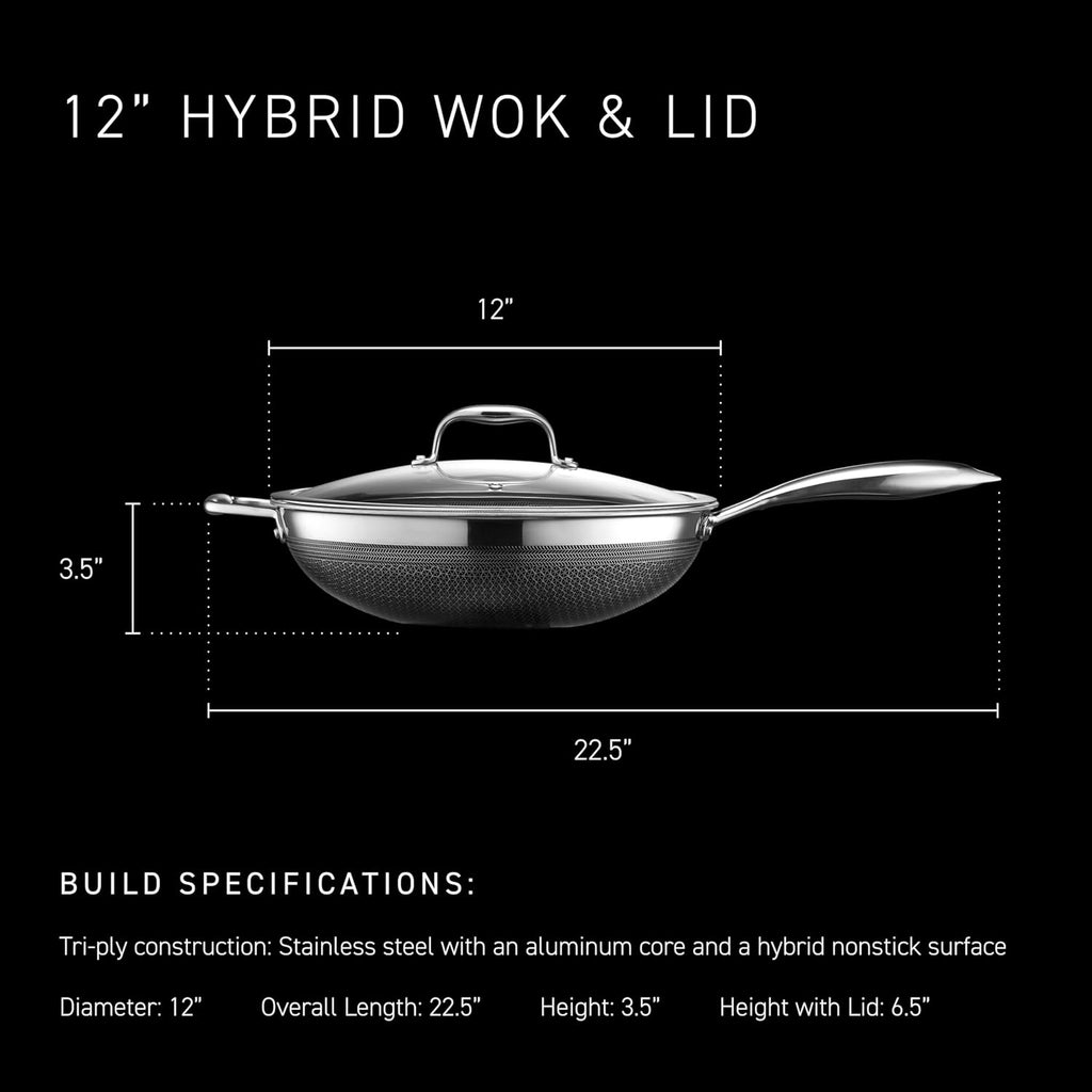 HexClad Hybrid Nonstick 12-Inch Wok, Stay-Cool Handle, Dishwasher-Friendly, Oven-Safe Up to 900°F, Induction Ready, Compatible with All Cooktops