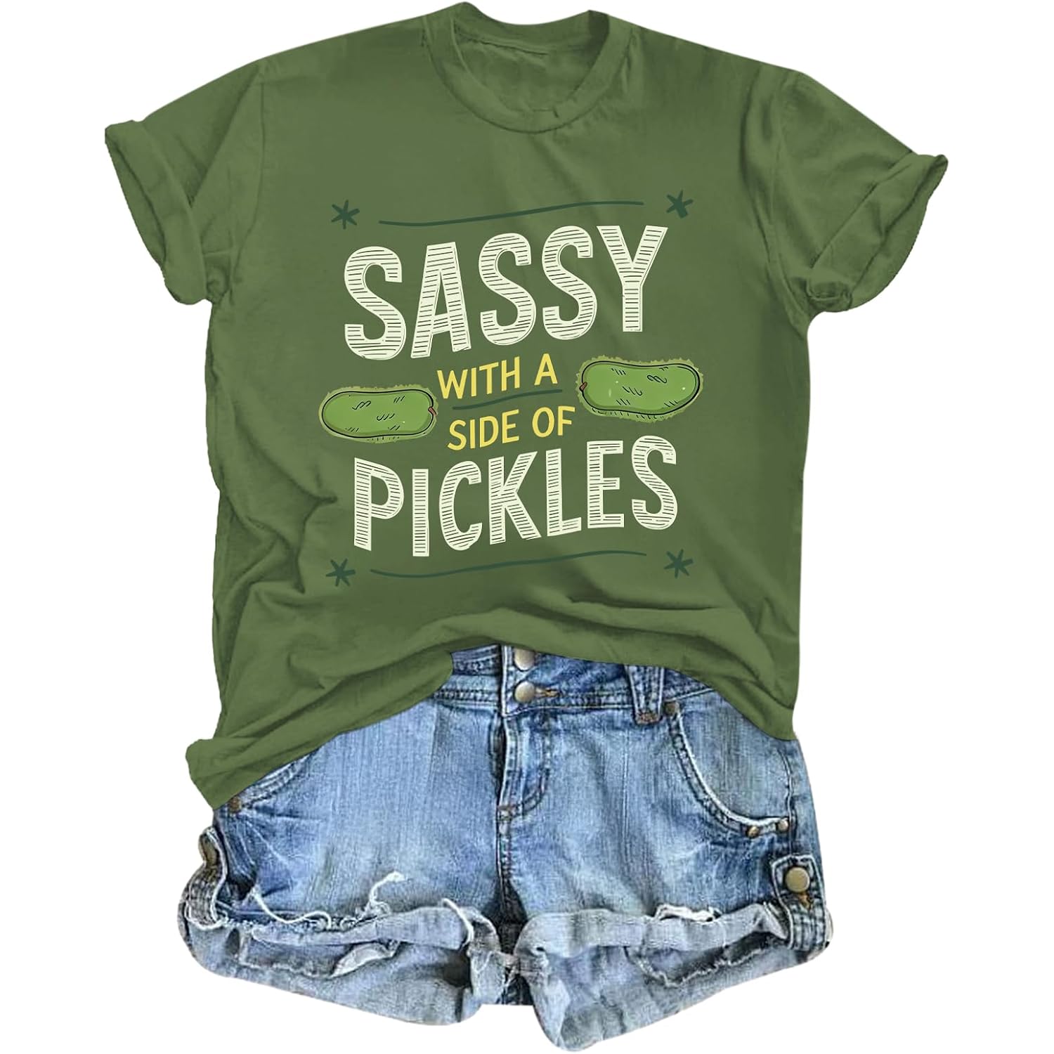 Pickle Shirt Funny Shirts for Women Graphic with A Side of Pickles Tee Cucumbers Short Sleeve Cotton Tops Army Green