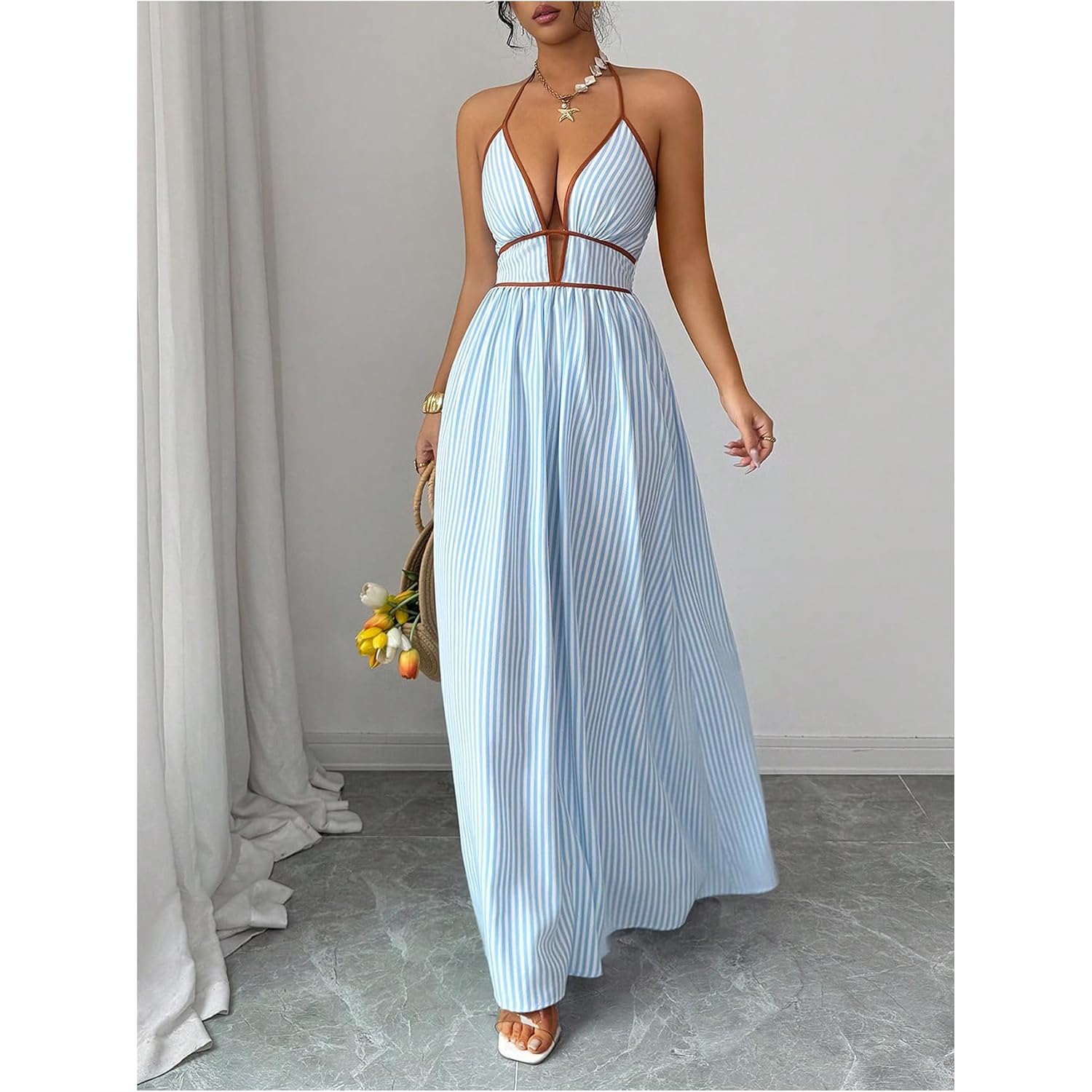 Floerns Women'S Striped Halter Maxi Dress Backless Smocked Beach Vacation Boho Dress