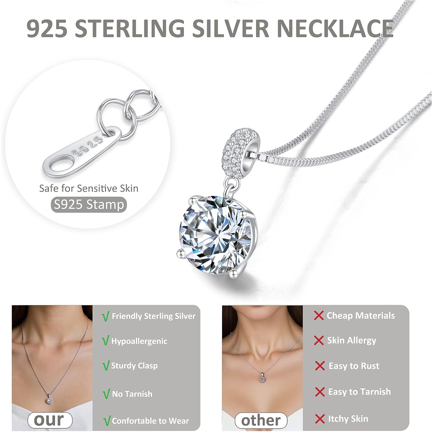 SUNFEEL Sterling Silver Necklaces 2 Carats Cubic Zirconia Necklace Dainty Jewelry Gifts for Mom Wife Girlfriend Bridal for Prom Wedding Anniversary Birthday