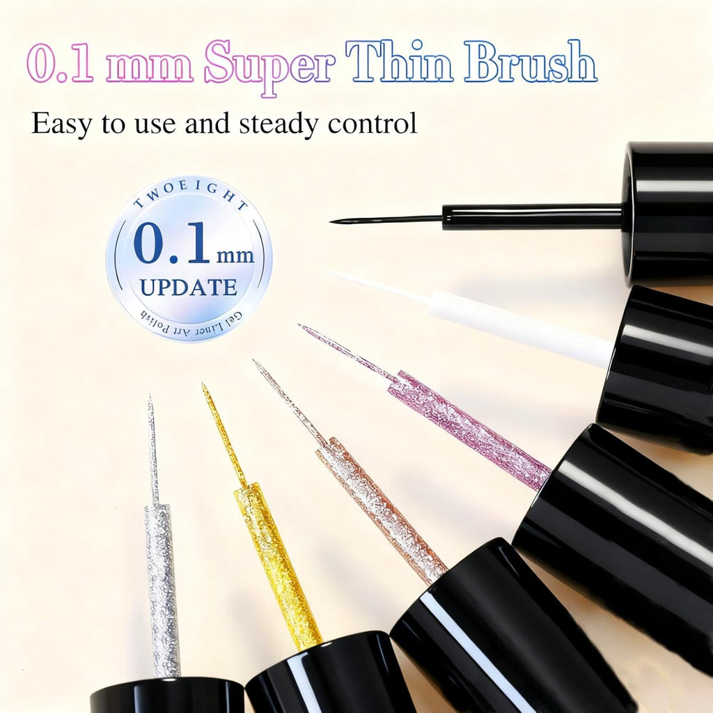 TWOEIGHT 6 Pcs 8 ML Gel Liner Polish Nail Art Set Chrome Metallic Glitter Soak Off Gel Polish Kit Nail Art Manicure Salon DIY at Home for Women (Silver Gold Rose Gold Purple Gold Black White)