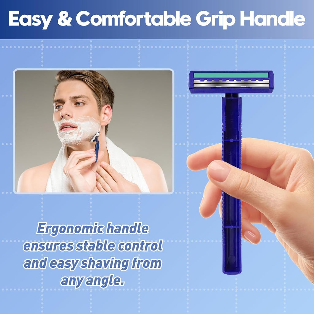 Twin Blade Disposable Razors for Men & Women – Bulk 60 Pack Stainless Steel Shavers with Lubricating Strip, Safety Cap & Non-Slip Handle for Sensitive Skin, Travel, Hotel, Charity – Blue