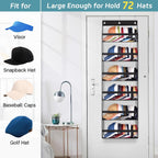Clear Over The Door Hat Racks For Baseball Caps, Large Holds Up To 72 Caps Hat Storage Organizer For Closet Wall, Deep Pockets Hanging Hat Holder With 3 Hooks, Black