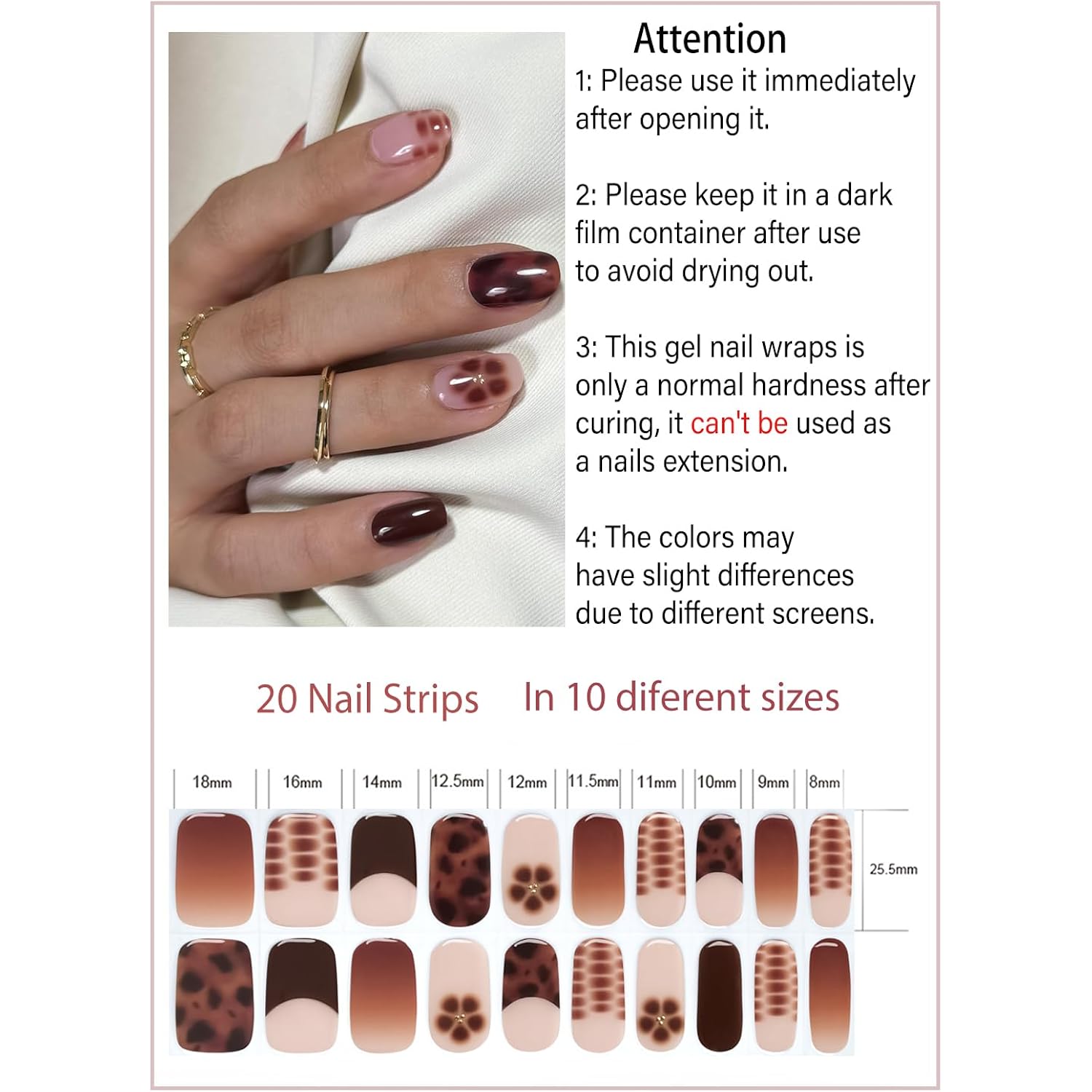 Semi Cured Gel Nail Strips, Khaki Leopard 20pcs Adhesive UV Sticker, Wraps for Home Manicure DIY