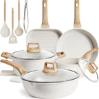 Kikcoin 16Pcs Ceramic Pots and Pans Set Non Stick, Includes a 9.5" Grill Pan, Induction Kitchen Cookware Sets, White Nonstick RV Kitchen Camping Cooking Sets Stackable (PTFE, PFOS, PFOA Free)