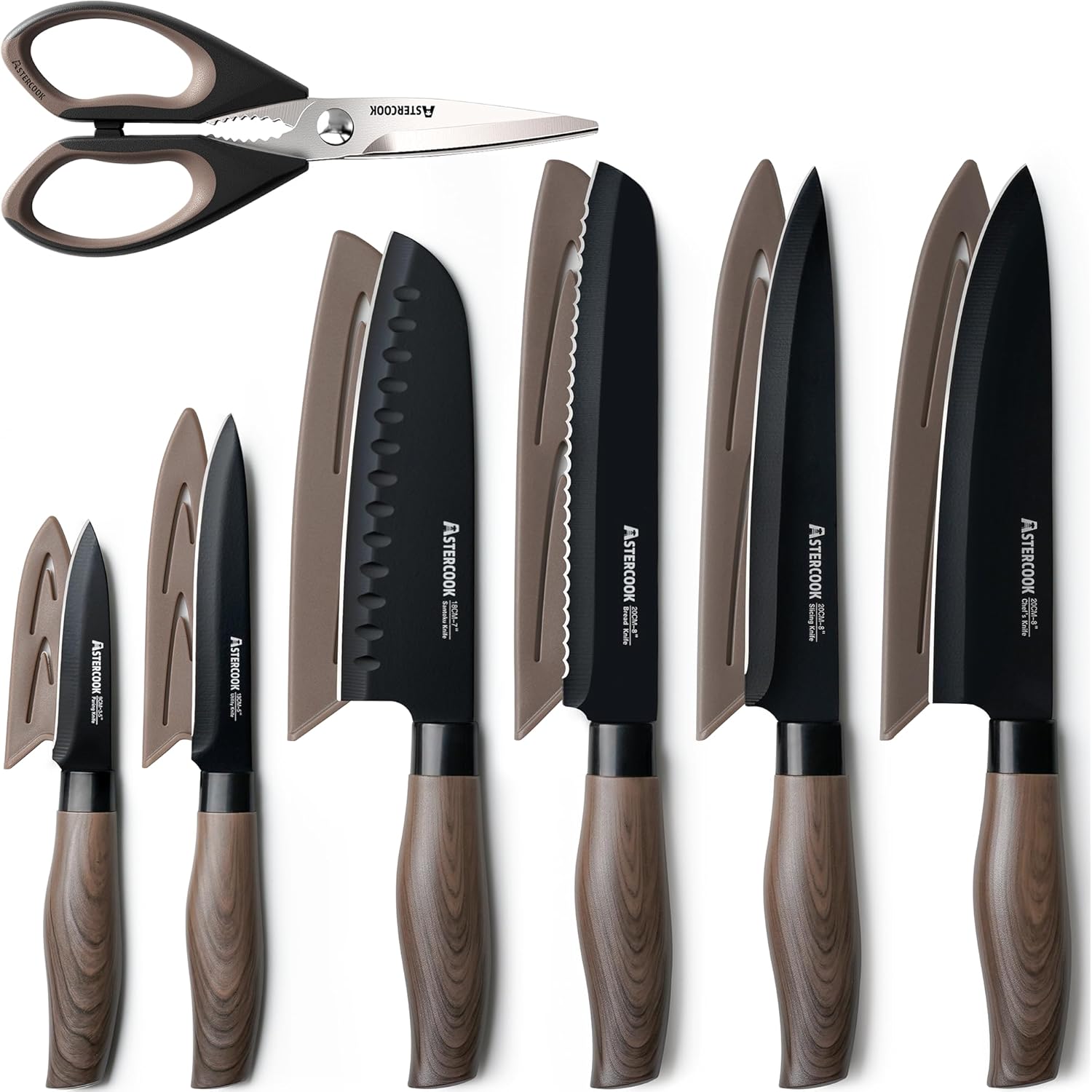 Astercook Knife Set, 13-Piece Kitchen Knives Set with 6 Blade Guards, Black Anti-Rust & Non-Stick Coating, Dishwasher Safe Stainless Steel Knives, Ergonomic Handle, Perfect for Holiday Gifts