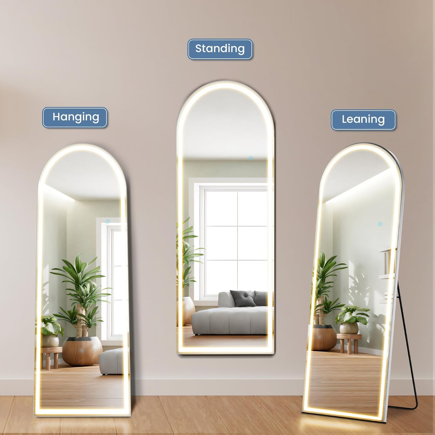 DUMOS Arched Full Length Mirror with Light - 20"×63" LED Floor Standing Mirror with 3 Color Lights & Wall Mounted for Bedroom, Dressing Room, Living Room, Bathroom
