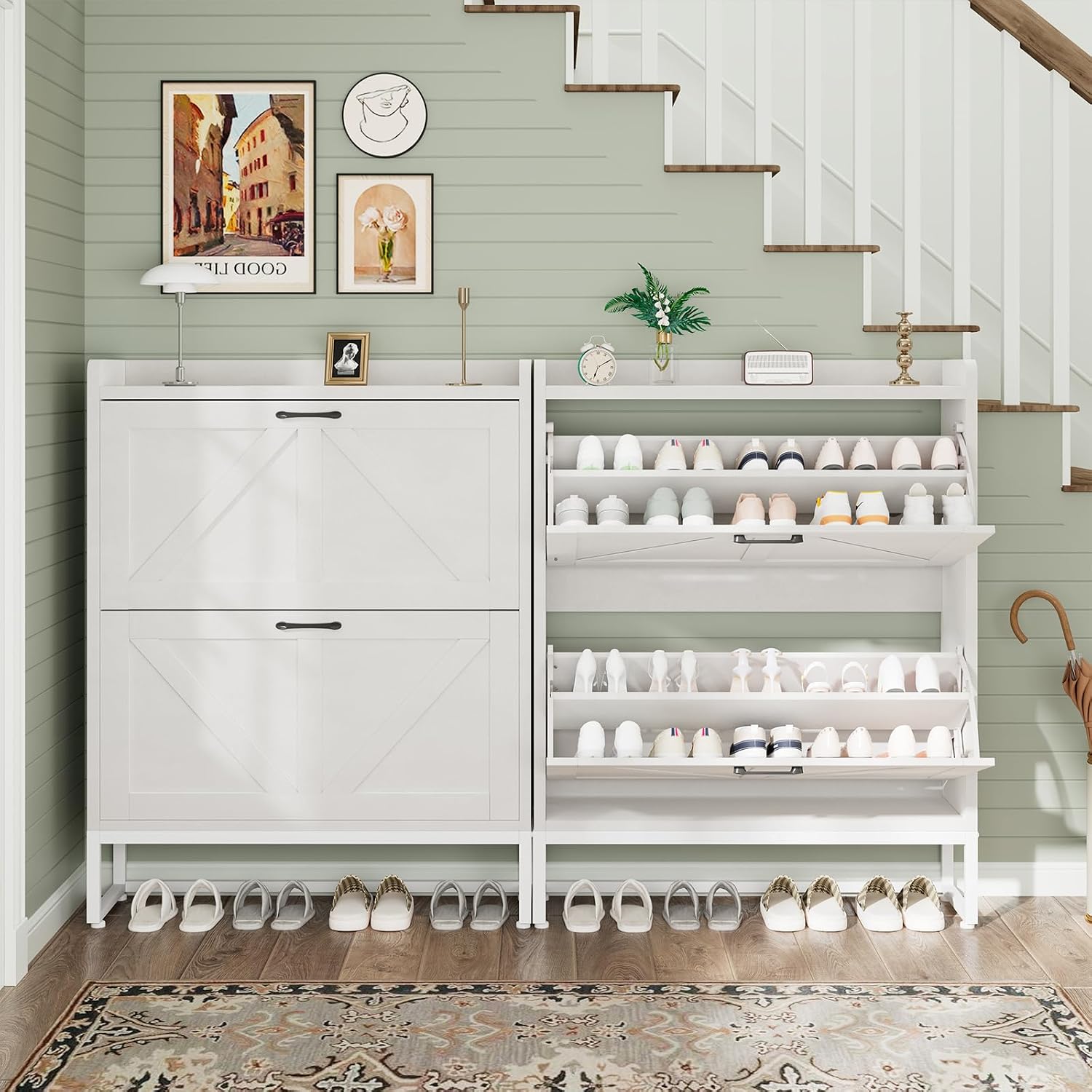 Shoe Cabinet, Shoe Storage Cabinet With 2 Flip Drawers & Adjustable Shelf, Space-Saving Shoe Organizer – Holds 16+ Pairs, Narrow Shoe Cabinet Storage For Entryway/Hallway（White）