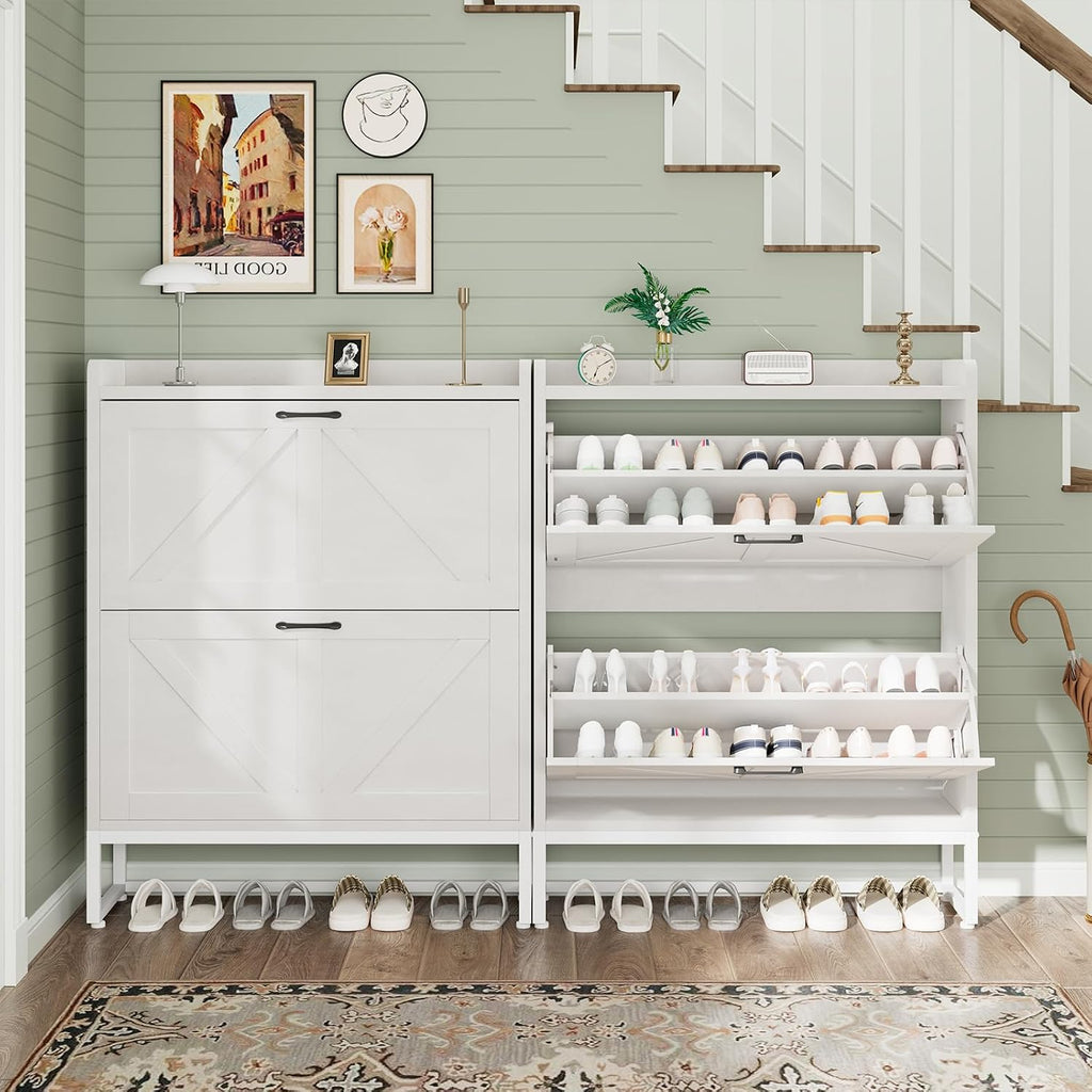 Shoe Cabinet, Shoe Storage Cabinet With 2 Flip Drawers & Adjustable Shelf, Space-Saving Shoe Organizer – Holds 16+ Pairs, Narrow Shoe Cabinet Storage For Entryway/Hallway（White）